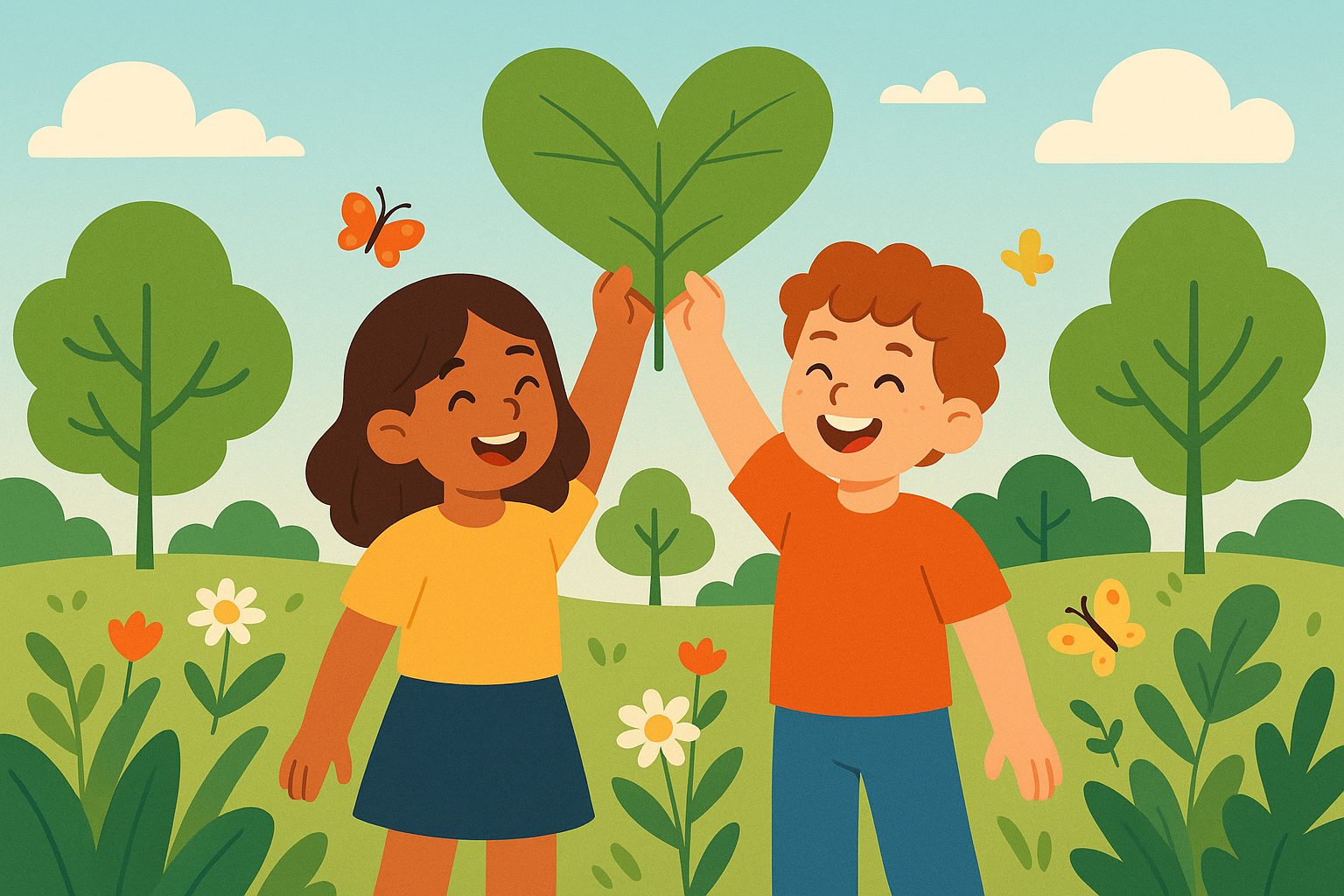 Een lachende jongen en meisje houden samen een groot groen hartvormig blad omhoog in een zonnig park